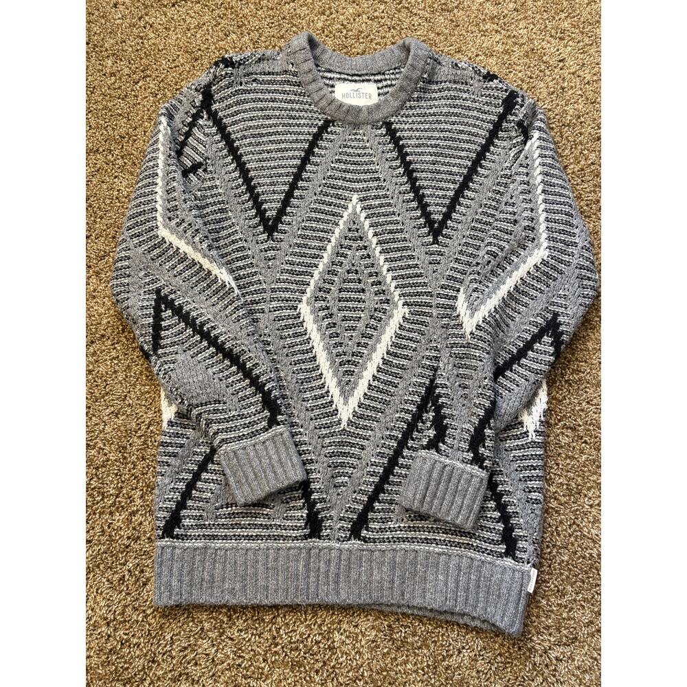 Hollister Gray Black White Geometric Pattern Crewneck Mens Size Small